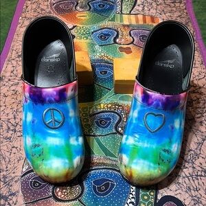 Dansko Multicolor Tie-Dye Clogs, Peace & Love.